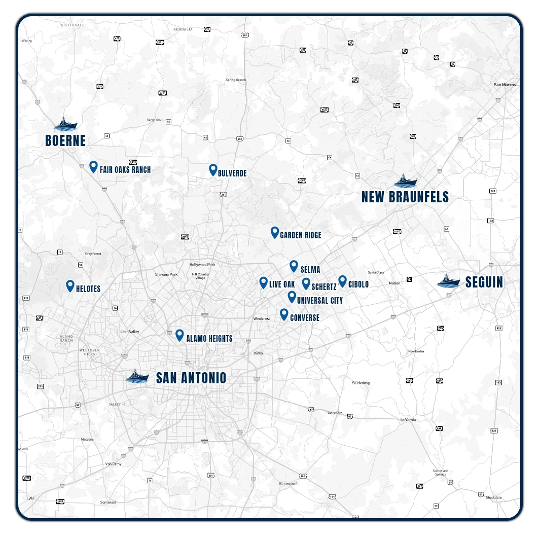 Blupoxy Coatings service area map, with pins on San Antonio, Boerne, New Braunfels, Seguin, and the surrounding communities