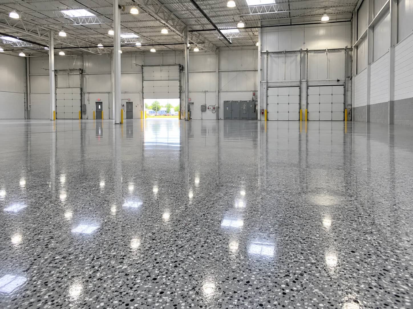 Large commercial warehouse bay finished with a grey flake epoxy floor