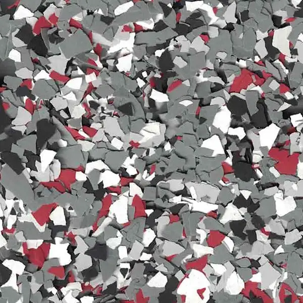Abstract pattern with scattered red, gray, black, and white shapes resembling a mosaic or terrazzo design. No recognizable landmarks or figures.