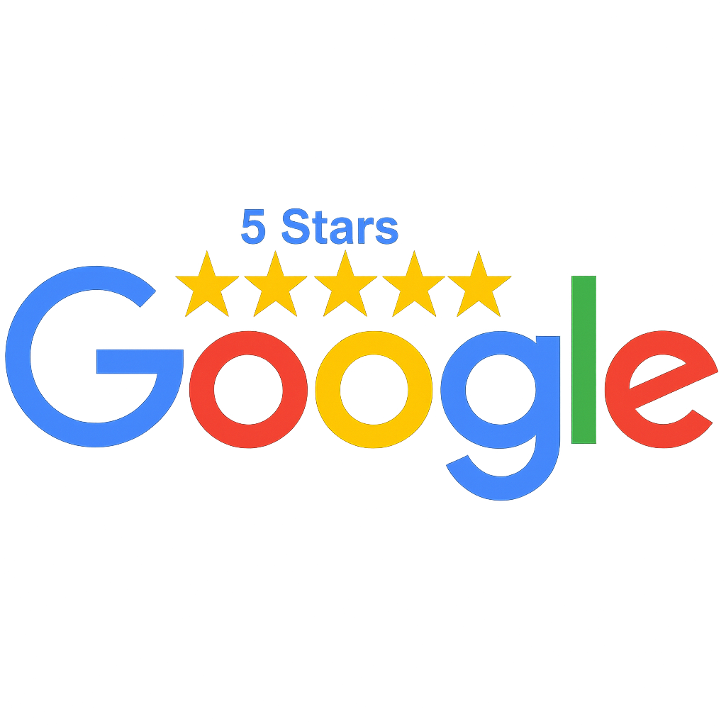 The image displays the Google logo with five golden stars above, indicating a five-star rating. Background is dark, enhancing vivid colors.