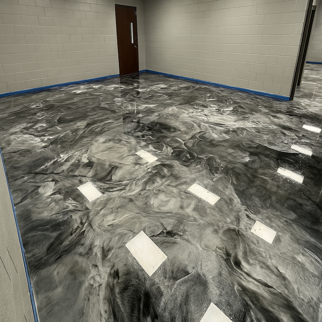 A room with a glossy, marbled epoxy floor, featuring gray swirls. Plain, light-colored walls and a wooden door are visible.